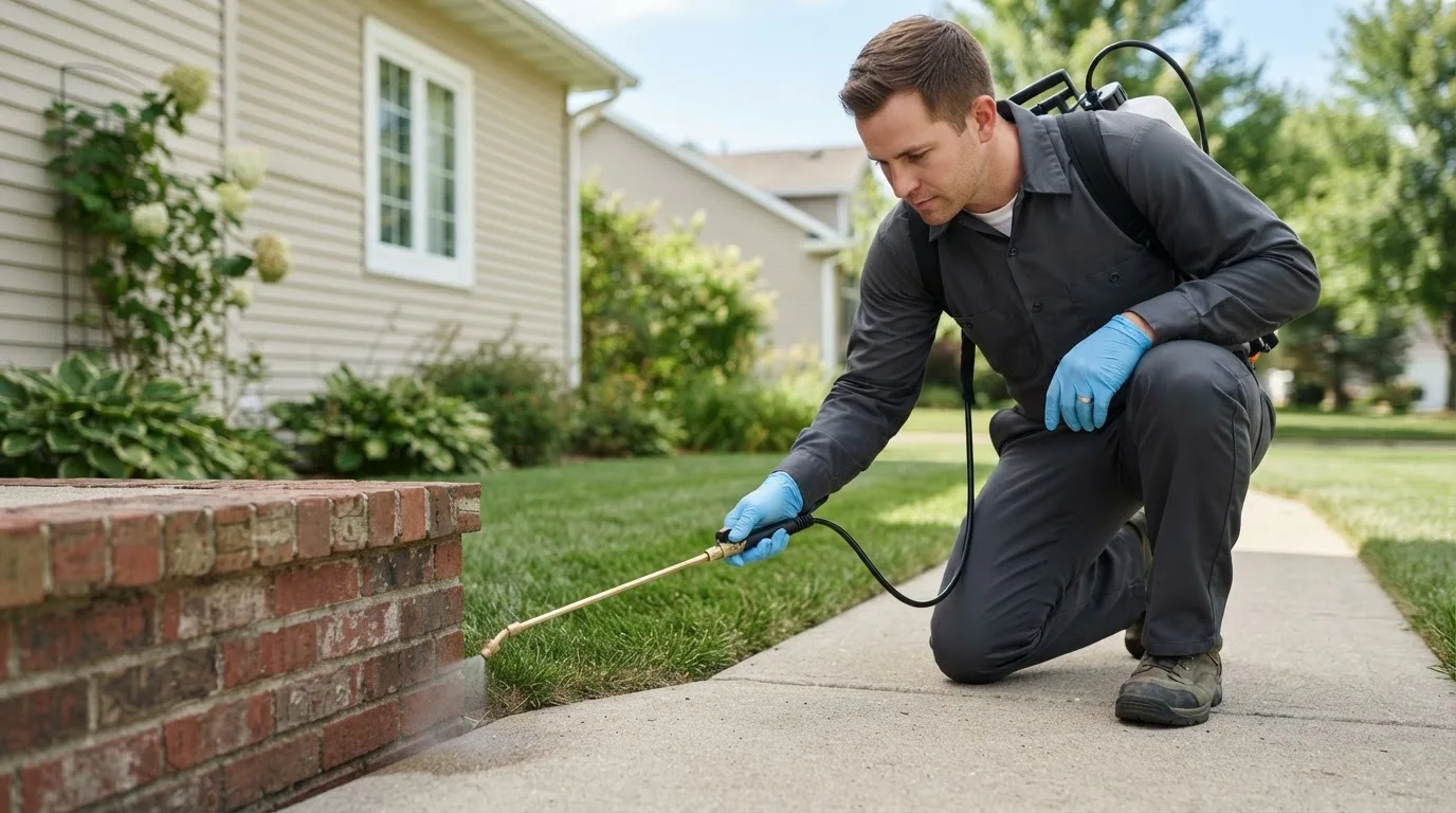 Pest control technician treating a home near West Burlington, IA