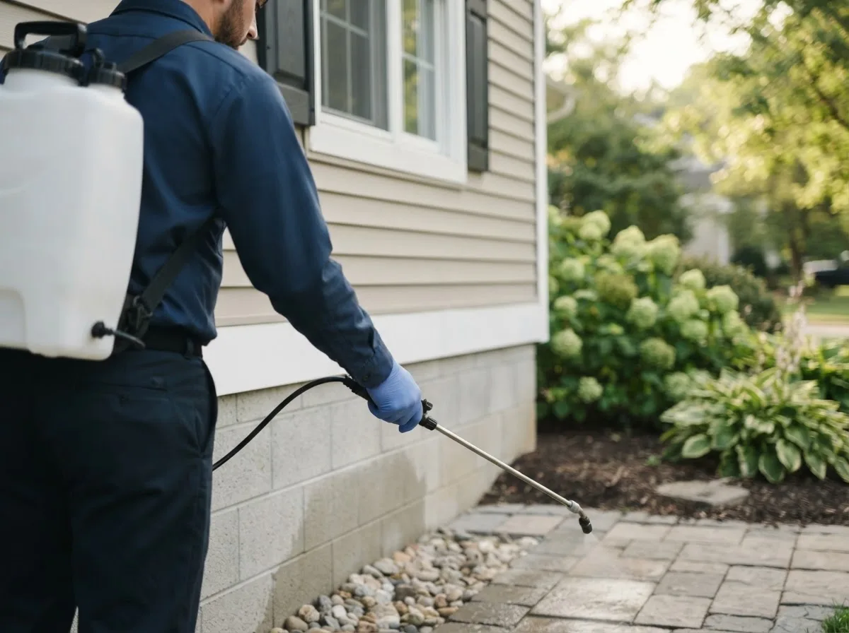 Pest control technician inspecting a home in West Burlington, IA